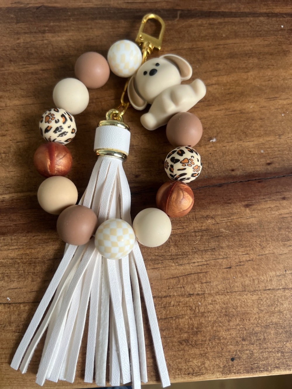 Key chain Beige & Tan dog  Charm Tassel Keychain Bracelet for you bags